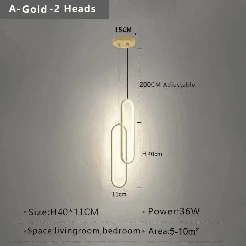 Gold-colored modern minimalist pendant light with two overlapping oval lamp heads built-in led for dining table use