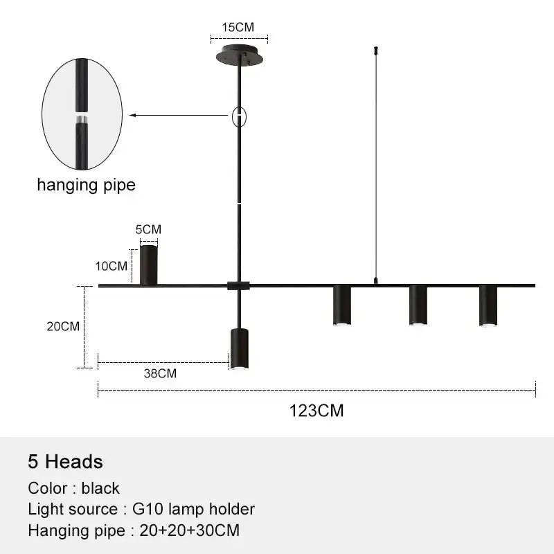 Minimalist black chandelier pendant with five cylindrical lamp heads and sleek pipe for dining room decorbites pendant lights