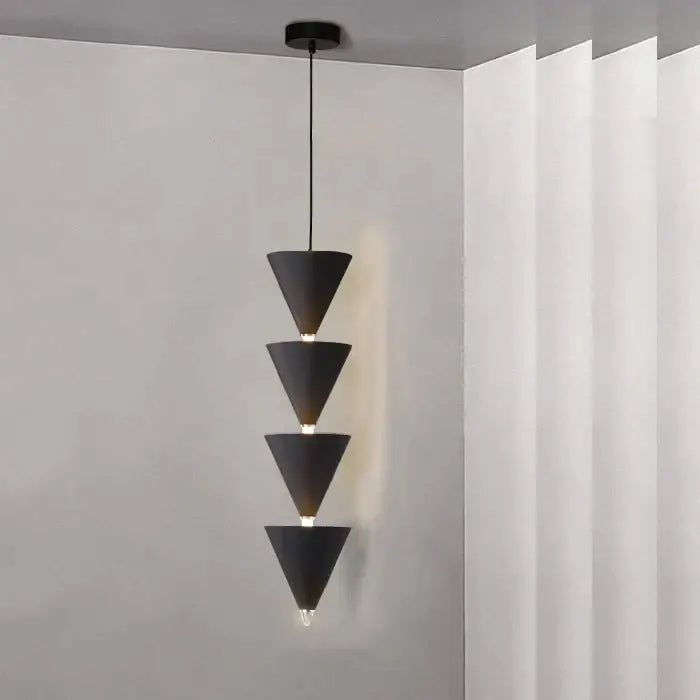 Minimalist black conical pendant light with four stacked geometric shades for decorbites cream bedroom chandelier