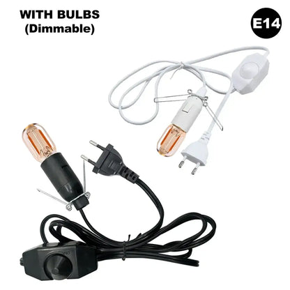 Minimalist black decorative lamp cord with dimmer switch featuring dimmable e14 led filament bulbs and black and white cords