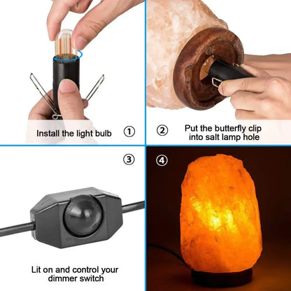 A warm orange himalayan salt lamp with rough texture and dark wooden base paired with minimalist black lamp cord