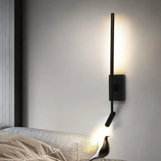 Minimalist black decorative led wall lamp with a sleek vertical rod and adjustable spotlight for bedroom decorbites decorative led wall use