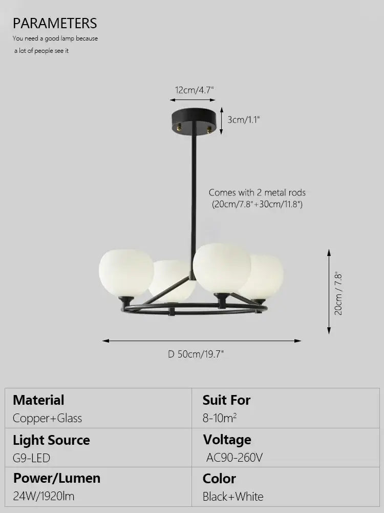 Minimalist black decorbites copper glass chandelier with five frosted white spherical shades for dining room light