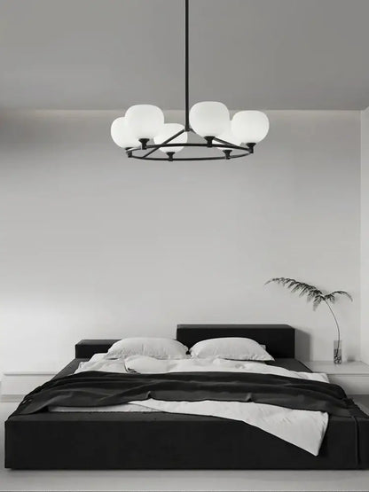 Minimalist black metal decorbites glass lampshade chandelier with six frosted globe lights for dining room decor