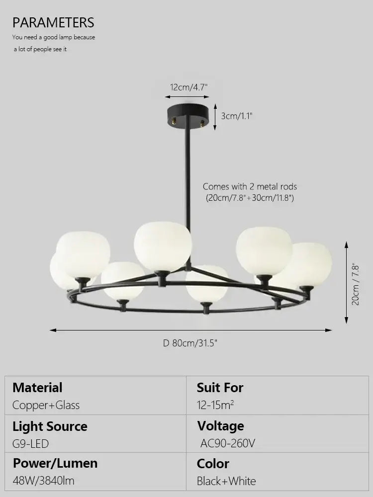 Minimalist black glass lampshade chandelier with eight frosted white globes for dining room decor by decorbites glass lampshade