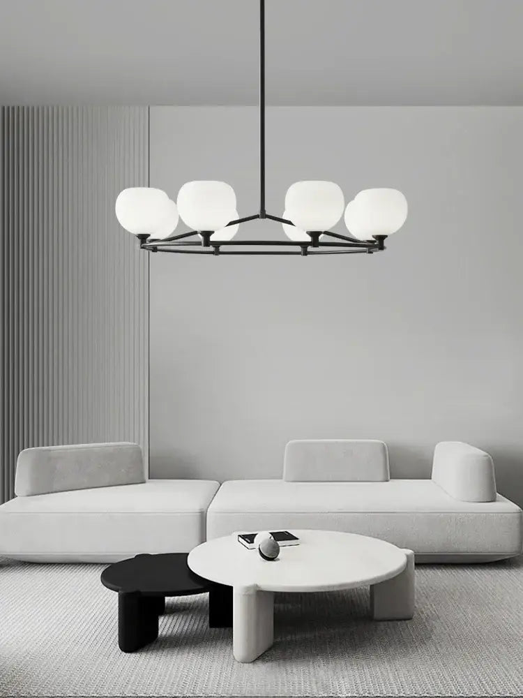 Minimalist black metal glass lampshade chandelier with five frosted globes for dining room decorbites glass lampshade