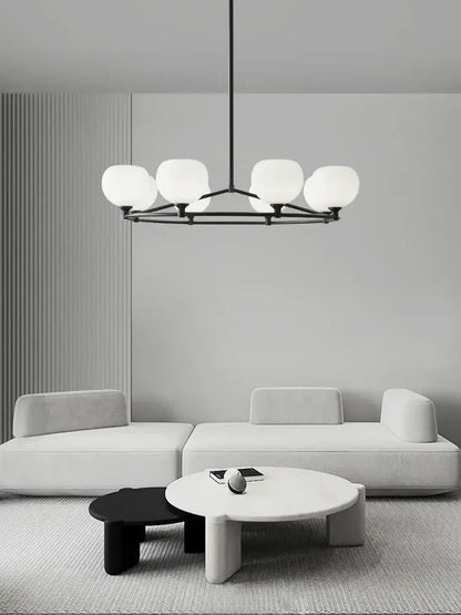 Minimalist black metal glass lampshade chandelier with five frosted globes for dining room decorbites glass lampshade