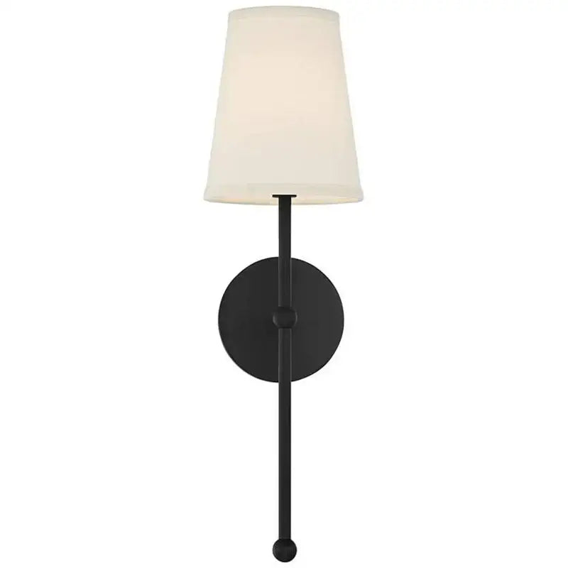 Minimalist black wrought iron led wall lamp with cream fabric shade for bedroom lighting and decor
