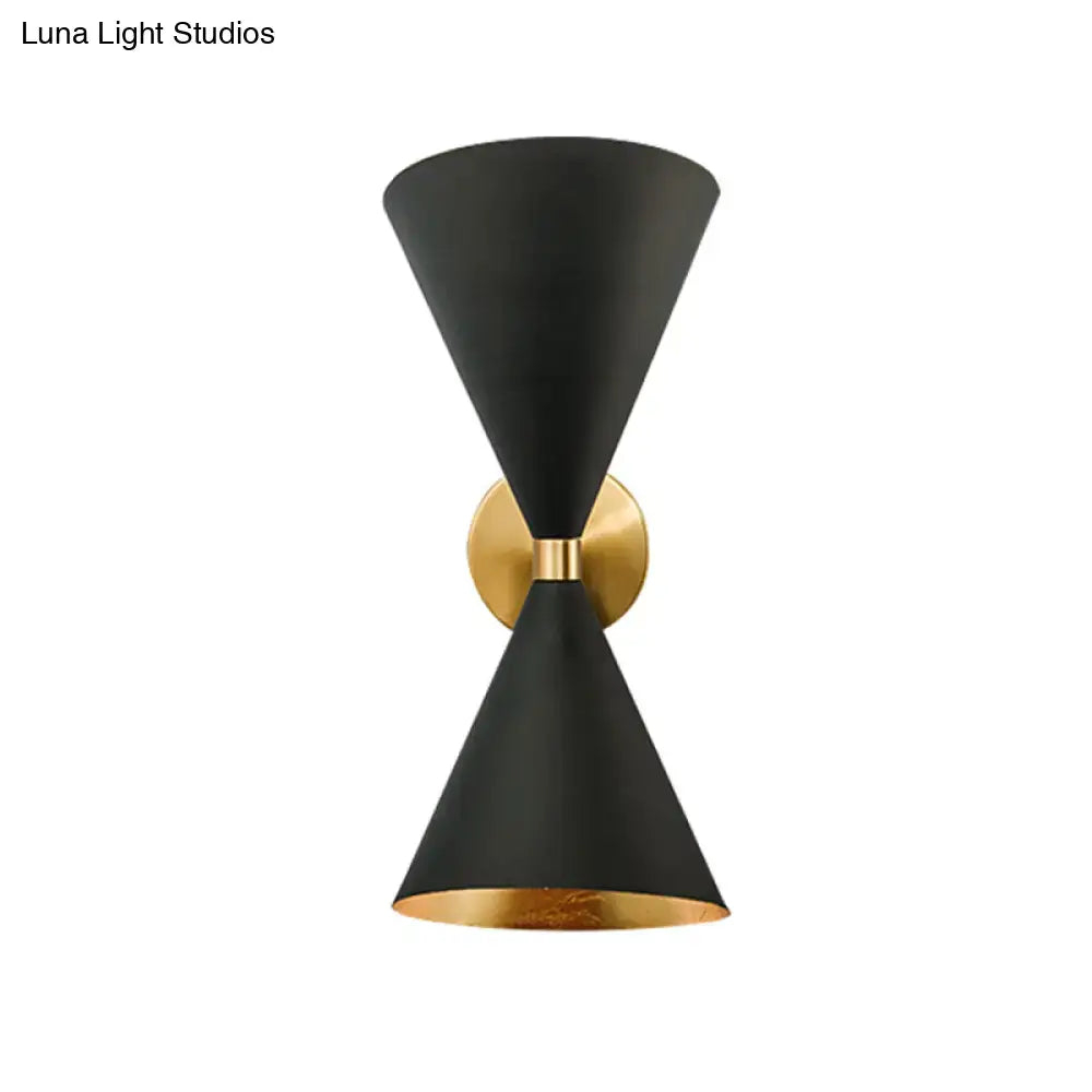 Minimalist black and gold wall lamp with two double cone-shaped shades and sleek modern design for bedroom use