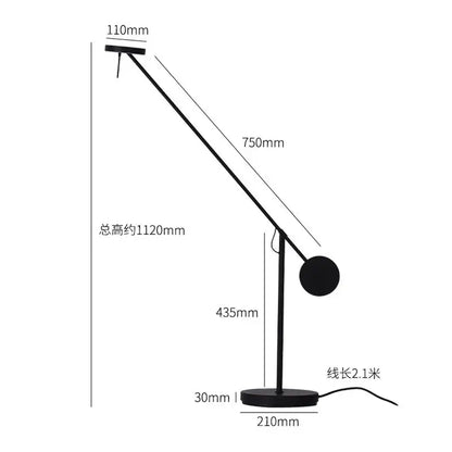 Black minimalist industrial swing arm table lamp with sleek angled arm and circular light head for bedroom decorbites