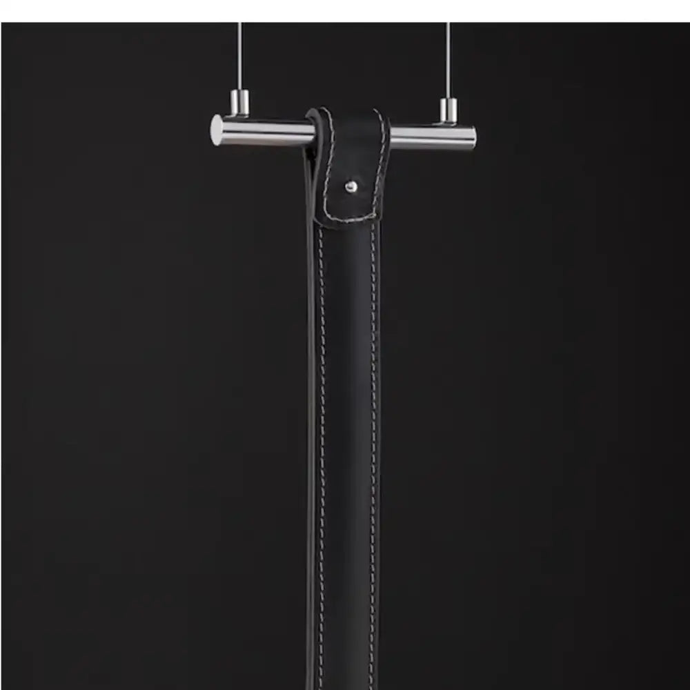Minimalist black leather belt pendant light with white stitching and silver-toned metal bar for decorbites art minimalist decor