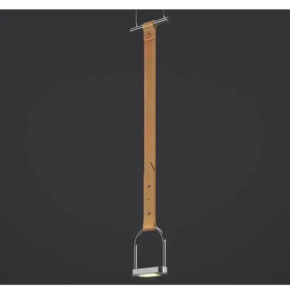 Minimalist black leather belt pendant light with tan leather strap, chrome horsebit base, and integrated LED bulb for decorbites art minimalist