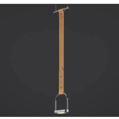 Minimalist black leather belt pendant light with tan leather strap, chrome horsebit base, and integrated LED bulb for decorbites art minimalist