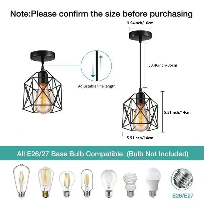 Minimalist black metal geometric cage pendant light with adjustable line length and black finish for kitchen use