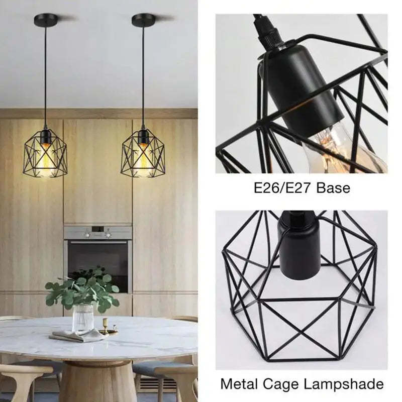 Black metal pendant light with geometric cage design and exposed bulb in a minimalist black finish for kitchen use