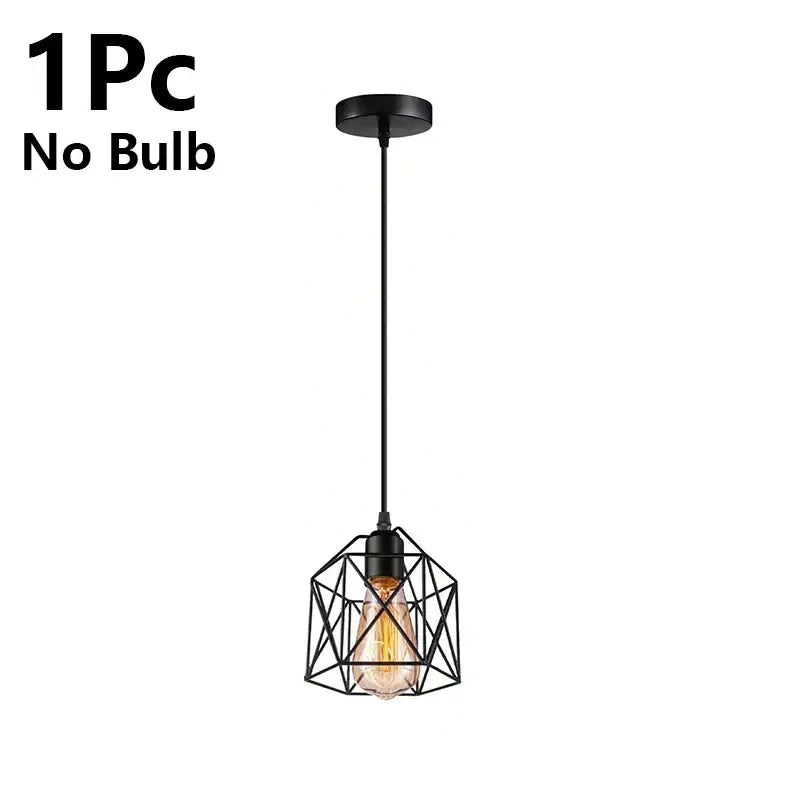Minimalist black metal geometric cage pendant light with black finish and exposed edison bulb for kitchen use