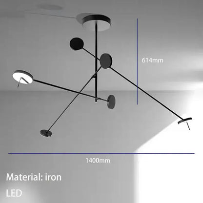 Minimalist black metal pendant light with five circular LED fixtures in an asymmetrical decorbites black metal design