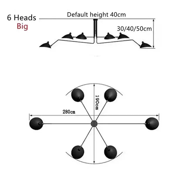 Minimalist black metal pendant light with six spherical heads and articulated arms for dining table use