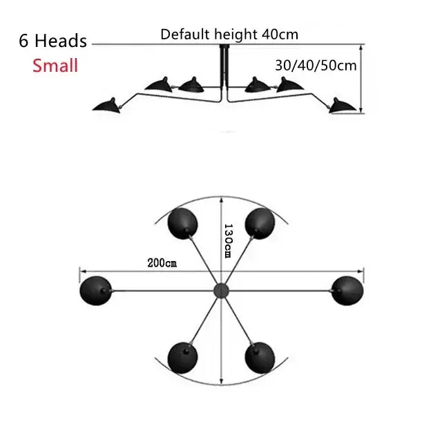 Black six-head metal pendant light with adjustable arms and spherical heads for dining table metal finish