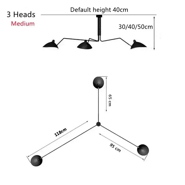 Black three-head modern metal pendant light with adjustable arms and spherical fixtures for dining table