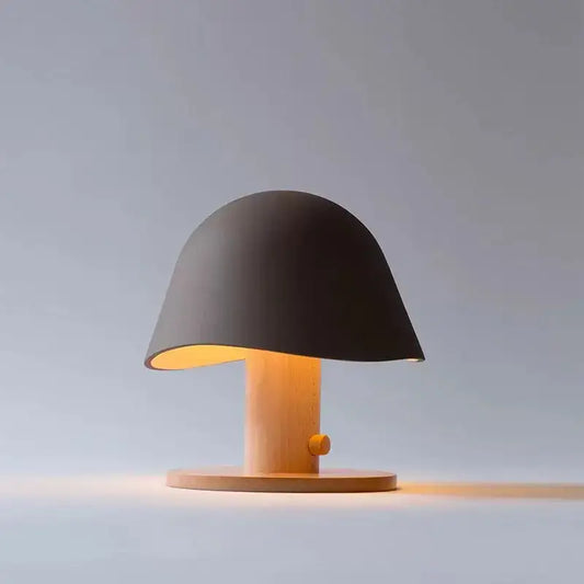 Minimalist black mushroom glass table lamp with warm wooden base and stem for bedroom or living room decorbites glass table