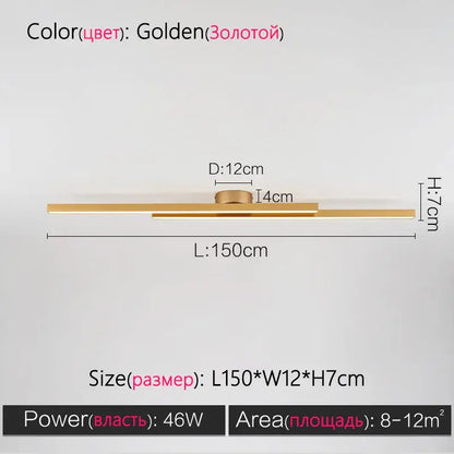Minimalist black nordic ceiling light with golden linear metallic finish designed for modern living room use