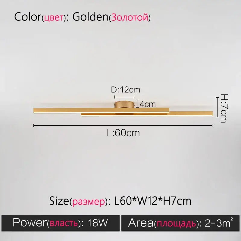 Golden sleek modern minimalist nordic ceiling light with two horizontal bars for living room illumination
