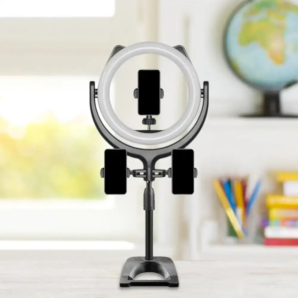 Minimalist black and silver LED ring light with adjustable phone holders for bedroom phone lamp use