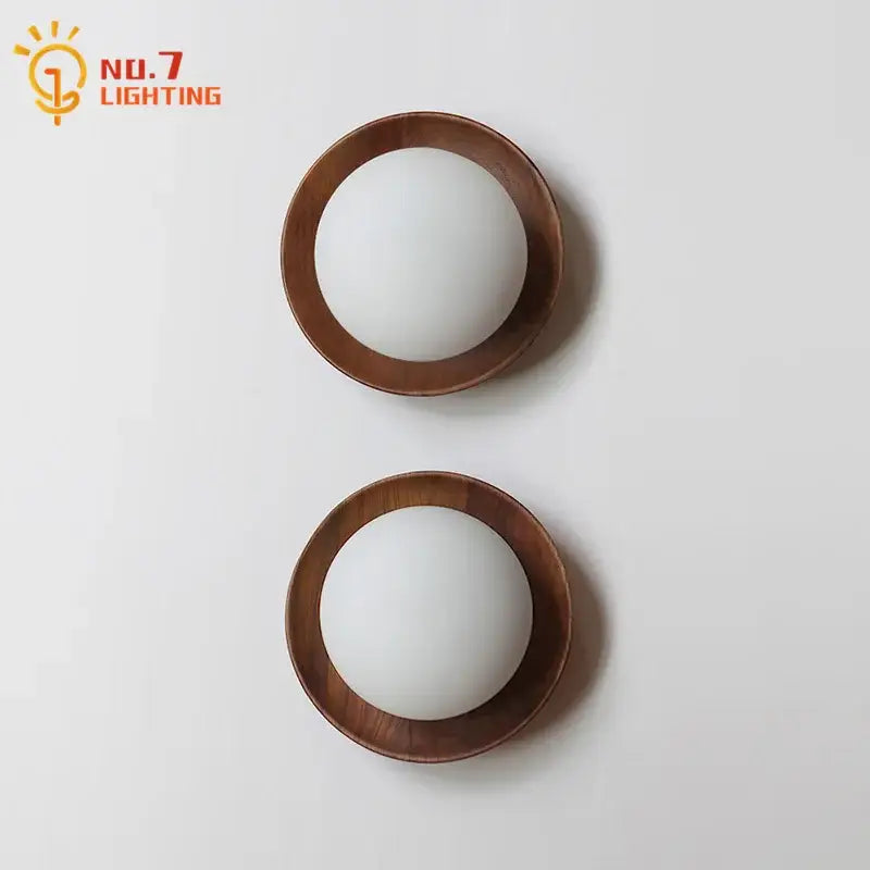 Pair of minimalist decorbites black walnut wall lamp with warm wooden rings and frosted glass globes for bedroom and living room