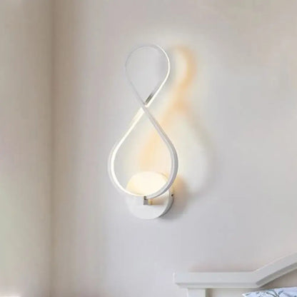 Modern white infinity-shaped acrylic led wall lamp with sleek minimalist design for bedroom sconce in black white tones