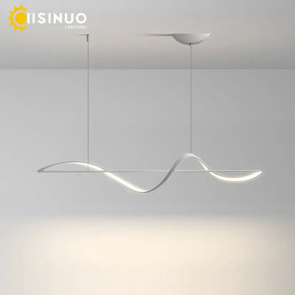 Modern silver dimmable led linear chandelier with a sleek wave design for minimalist black and white dining room decorbites use