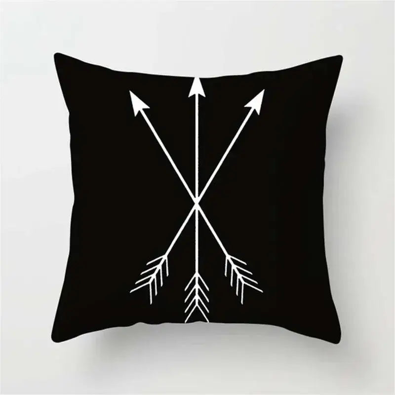 Minimalist black and white flocking pillowcase with white arrow design on black decorbites black white cushion cover