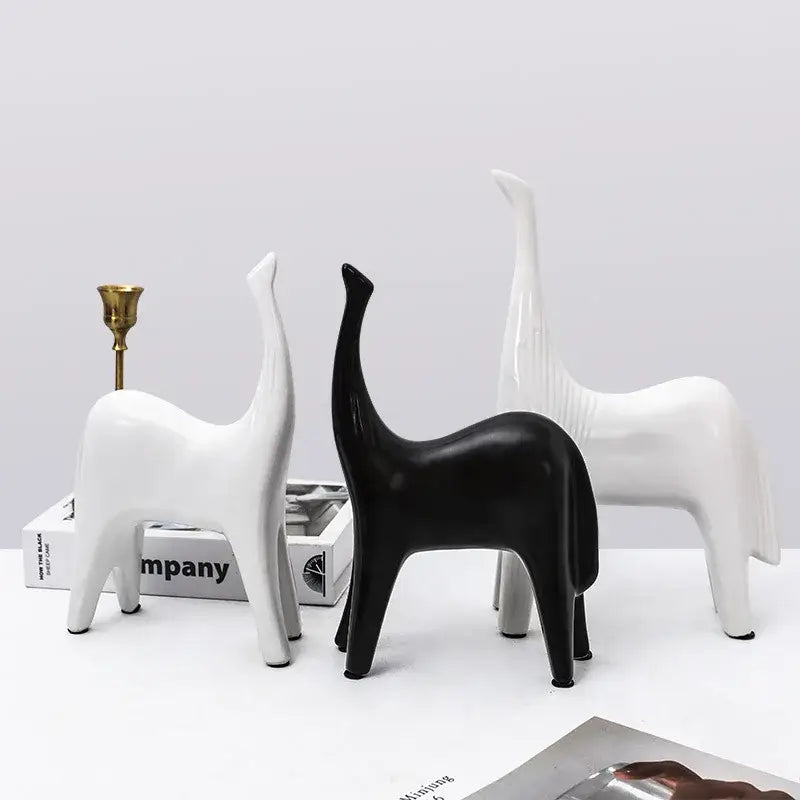 Minimalist black and white ceramic horse abstract ornaments with sleek design for modern home decor living room