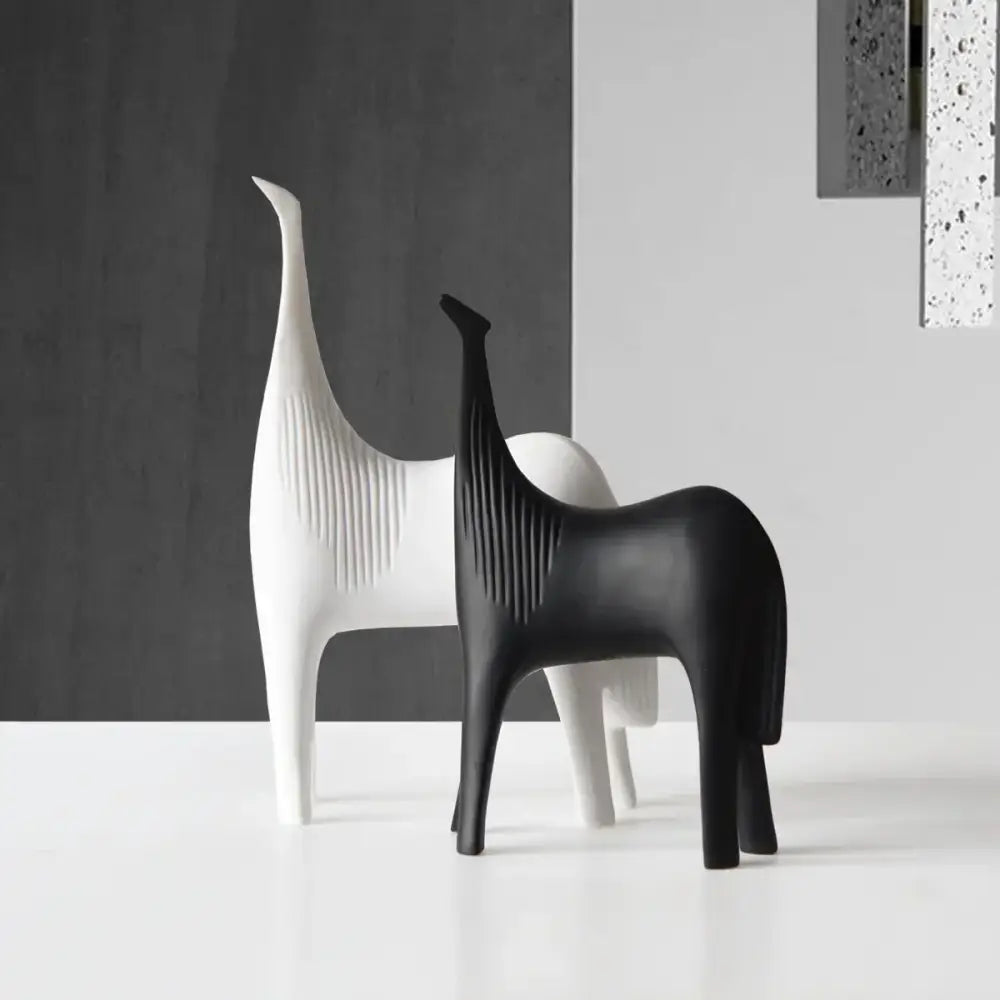 Minimalist black and white ceramic horse abstract ornaments with vertical ridges for home decor living room display