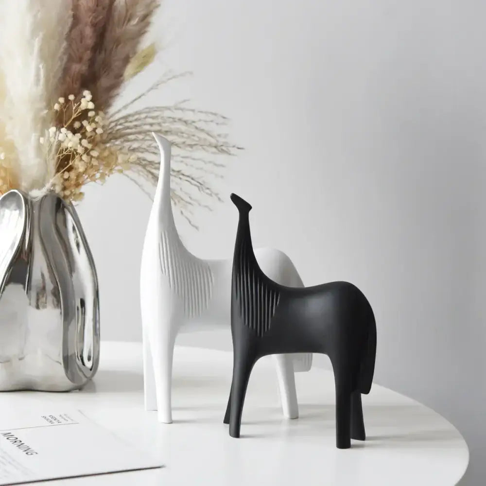 Minimalist black and white horse abstract ornaments with sleek stylized design for modern home decor living room