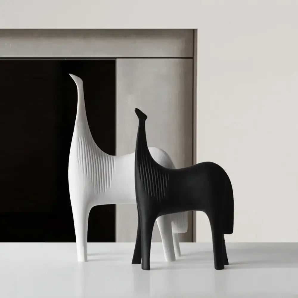 Minimalist black and white ceramic horse abstract ornaments with sleek stylized design for home decor