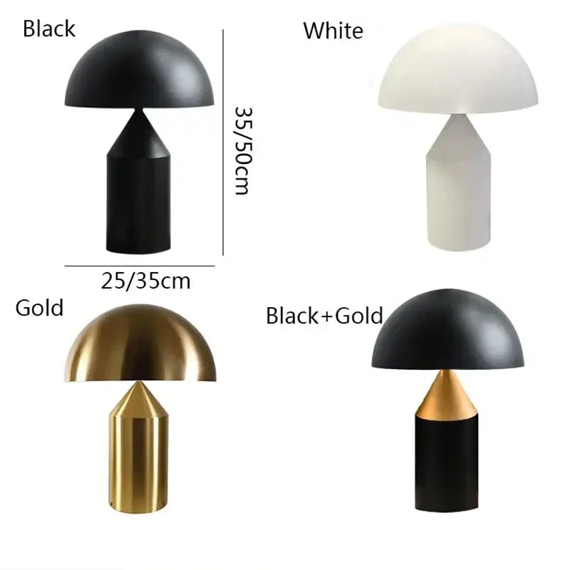 Minimalist black and white iron mushroom table lamp in iron with gold and two-tone finishes for bedroom lighting decorbites