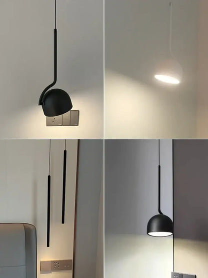 Black matte finished modern pendant light with sleek curved stem and dome shade for dining room use