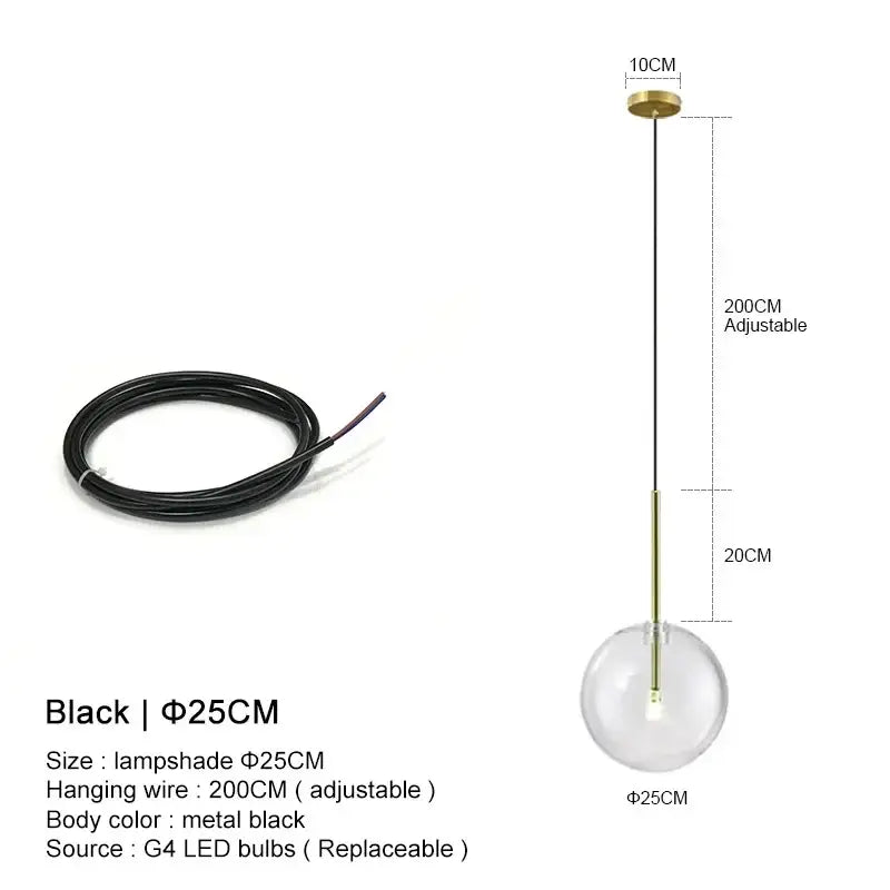 Minimalist black pendant light with metal body and decorbites clear glass ball for modern dining room decor