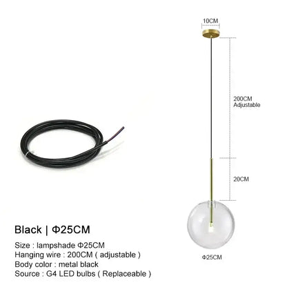 Minimalist black pendant light with metal body and decorbites clear glass ball for modern dining room decor