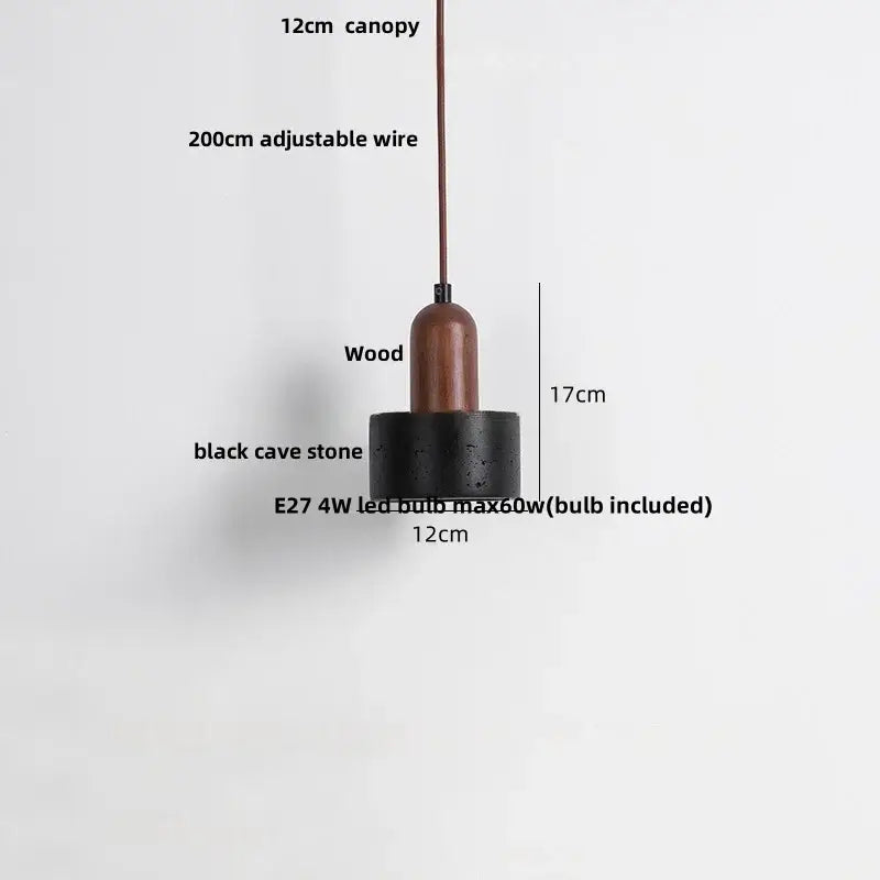 Minimalist pendant light with warm wood top, black cave stone base, and e27 copper yellow led bulb for dining room decorbites copper yellow