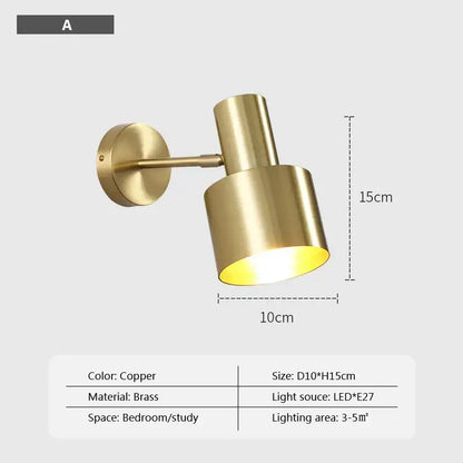 Minimalist copper-finished brass wall lamp with cylindrical shade and adjustable arm for bedroom decorbites iron wall lamp