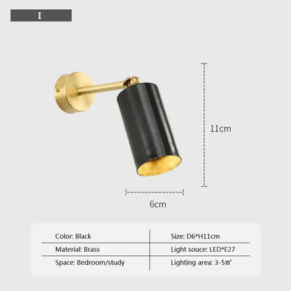 Black cylindrical wall lamp with brass finish and adjustable arm minimalist decorbites iron wall lamp for bedroom decor