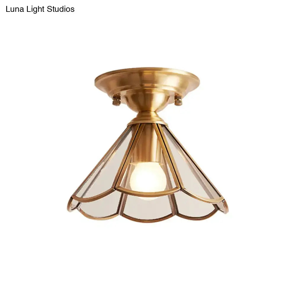 Decorbites minimalist brass semi flush mount with scalloped metal and scalloped multi-panel glass shade flush mount light