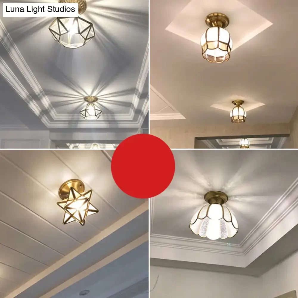 Decorbites minimalist brass semi flush mount ceiling light with gold geometric floral design and frosted glass shade flush mount