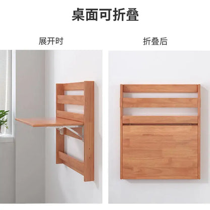 Minimalist light brown wooden foldable wall-mounted decorbites compact corner desk with slatted back and metal hinge mechanism