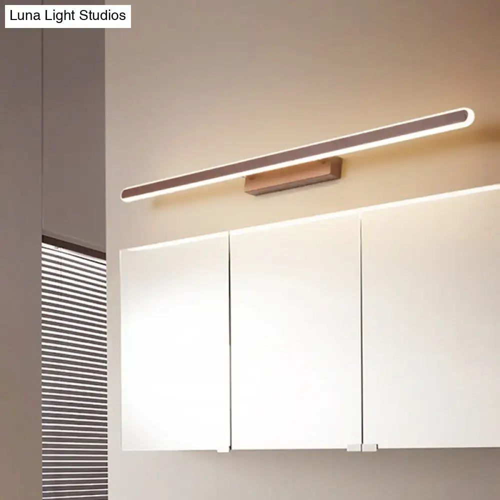 Minimalist brown led vanity wall light with sleek rectangular design warm white illumination and matte wood-finish bracket