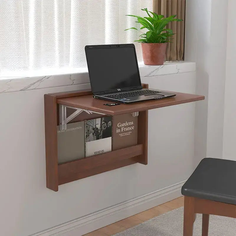 Minimalist brown wooden corner computer desk folding table with sleek design and integrated magazine storage by decorbites