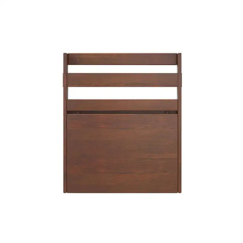 Brown wooden folding chair with slatted back and polished finish paired with decorbites corner computer desk