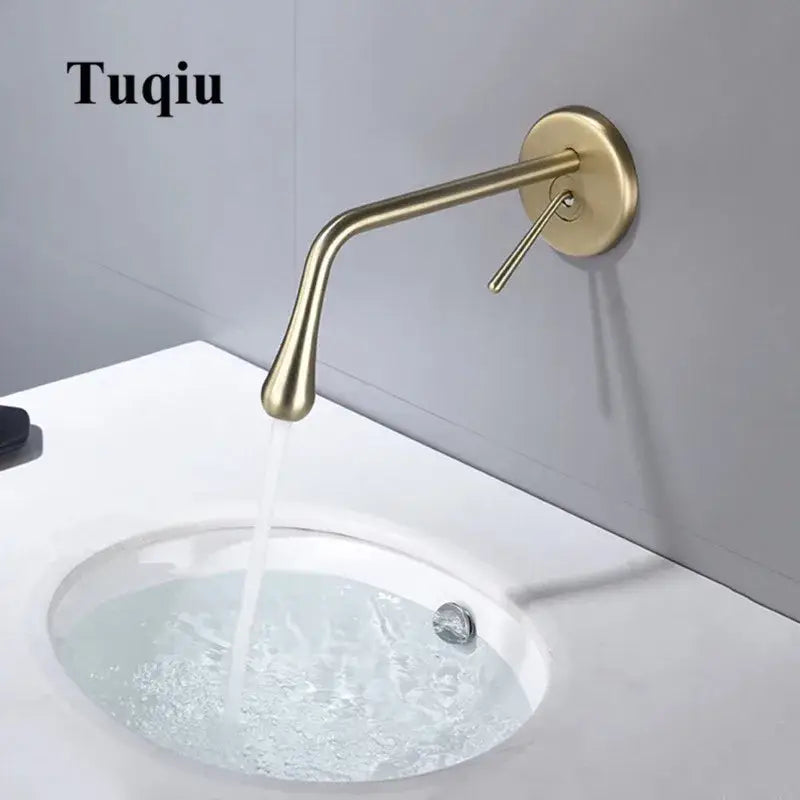 Brushed gold minimalist basin faucet with a sleek curved spout wall mounted for bathroom decorbites brushed gold design
